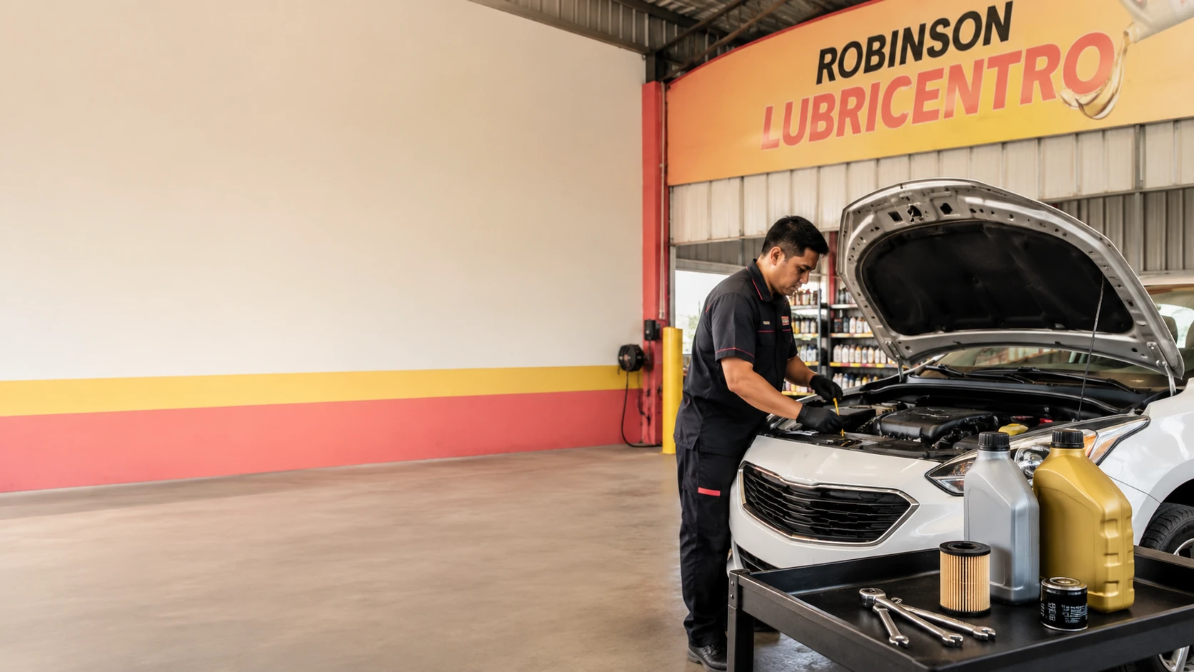 Técnico trabajando en cambio de aceite en Lubricentro Robinson